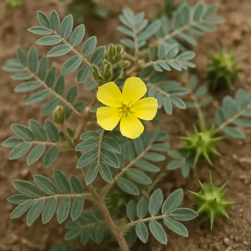 Planta Tribulus Terrestris com flores amarelas, ingrediente ativo para a vitalidade masculina